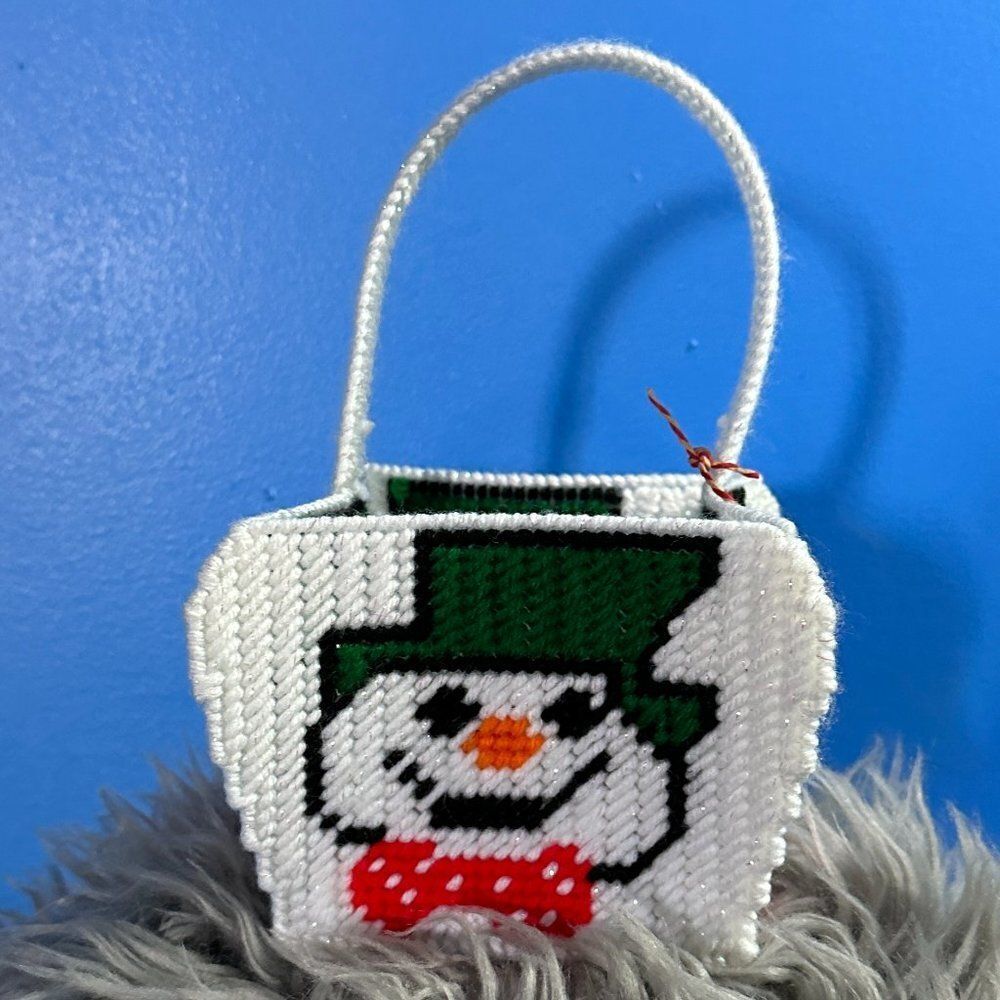 Hand Sewn Christmas Basket – White Snowman with Green Top Hat – Holiday Decor